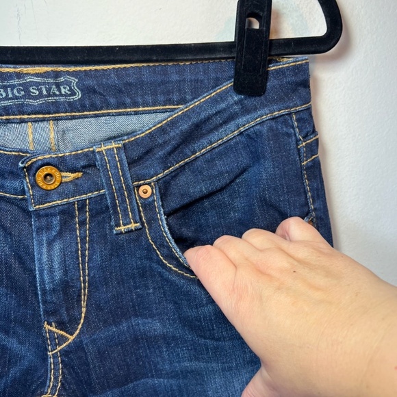 Big Star Casey Jeans Dark Blue Distressed Denim Ultra Low Rise Womens Sz 28 Long - Picture 6 of 16